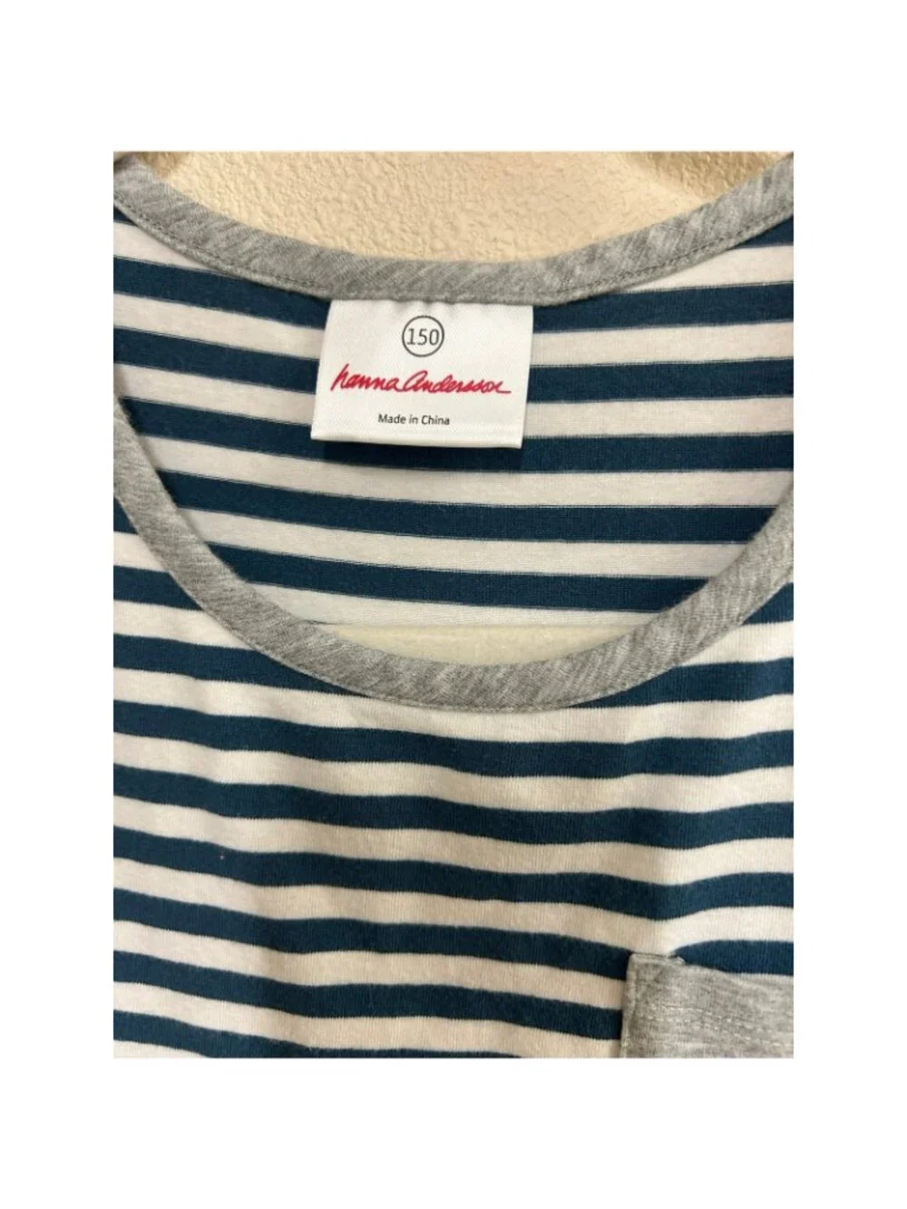 Hanna Andersson Girls Dress Striped Navy Blue Ruffle Hem Pocket Size 12 150cm